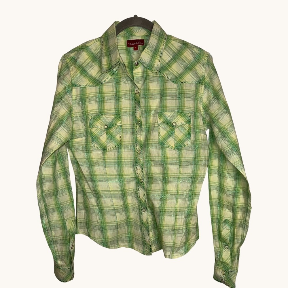 Panhandle Slim Green Cowgirl Core Plaid Western Snap Shirt Metallic Womens M - Picture 3 of 13
